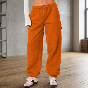 Pantalones Harem de Felpa Naranja para Mujer, Cintura Media, Cordón Ajustable, Corte Regular, Casual, Largos, Color Sólido, Verano, Calidad Premium - Product Image 1