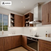 Meuble de cuisine en stratifié de luxe en forme de L, structure en mélamine écologique pour maison avec plan de travail en quartz