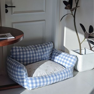 ZHONGYA Huisdieraccessoires Afneembaar en Wasbaar Waterdicht Huisdierenbed met Koreaanse Stijl Zachte Huisdierenbed Blauw Geruit Klein Kattenbankje - Product Image 6