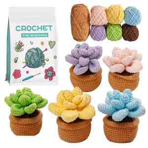 Kit de plantes succulentes en pot au crochet LINDOJUNI DIY, ornement en fil fait main avec vidéo tutorielle en <span class=keywords><strong>anglais</strong></span> - Product Image 1