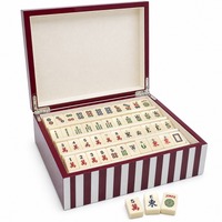 Boîte de rangement portable en MDF rayé bordeaux avec logo personnalisé, double charnière argentée pour 144 tuiles de Mahjong, idéale pour cadeaux et rangement