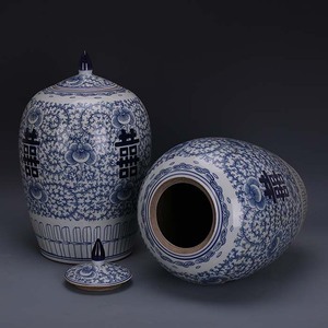 Wholesale China Decorative <strong>Large</strong> <strong>Jars</strong> Porcelain Blue White Ceramic Storage <strong>Jar</strong> with Happiness Words Set of 2 - Product Image 5