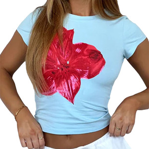 <span class=keywords><strong>T</strong></span>-<span class=keywords><strong>shirt</strong></span> à manches courtes pour <span class=keywords><strong>femme</strong></span>, style Y2K printemps-é<span class=keywords><strong>t</strong></span>é, col rond, coupe ajustée, imprimé floral, décontracté - Product Image 4