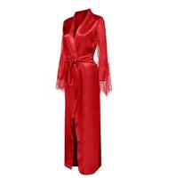 Robe longue en satin de soie et dentelle pour femme, col en V, ceinturée, manches longues évasées, respirante, douce, élégante, pour l'été, tenue de mariée, de mariage, de détente ou pyjama, personnalisable pour femme