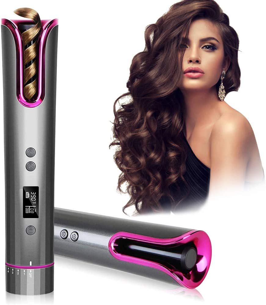 Rechargeable USB Cordless Hair Curler Automatic Hair Curling Iron Auto Rotating Wand Hair Waver with LCD Display and Timer