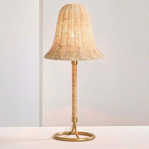 Modern Wicker & Matte <b>Black</b> Table Lamp tightly woven natural wicker <b>shade</b> set atop a clean matte <b>black</b> metal stem and circular - Product Image 5