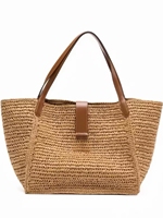 Sac fourre-tout en paille tressée fait main, grande capacité, sac à bandoulière, sac de plage d'été avec poignée en cuir, sac à main décontracté léger