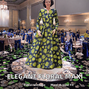 Vestido de Noche Elegante para Mujer, con Bordado Jacquard en Relieve, Cuello Redondo, Estampado Floral, Estilo Vintage, Maxi, Poliéster Natural, Corte en A - Product Image 2