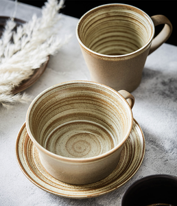 แก้วกาแฟเซรามิกทำมือสไตล์วินเทจพร้อมจานรอง ชุดแก้วน้ำนม น้ำเปล่า สำหรับอาหารเช้า - Product Image 2