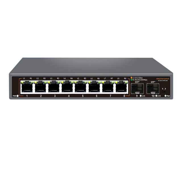 Adaptive 2.5G 8-Port High Speed Unmanaged Ethernet Switch with 2 SFP Slots 10G/2.5G/1.25G Fiber Optic Switch