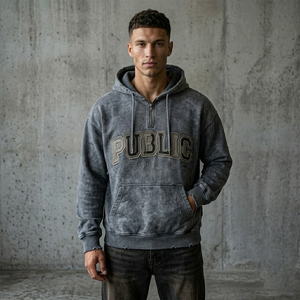 Fabricante OEM/ODM, Sudadera con Capucha Personalizada de 400GSM, Estilo Vintage de Primavera, con Apliques, Unisex, con Pedrería, Efecto Desgastado y Decolorado por el Sol, para Hombre - Product Image 3