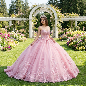 Vestido de Quinceañera Rosa con Escote Corazón Dy5957, Vestidos de 15 Años con Perlas, Vestidos de Gala para Instagram, Jancember - Product Image 1