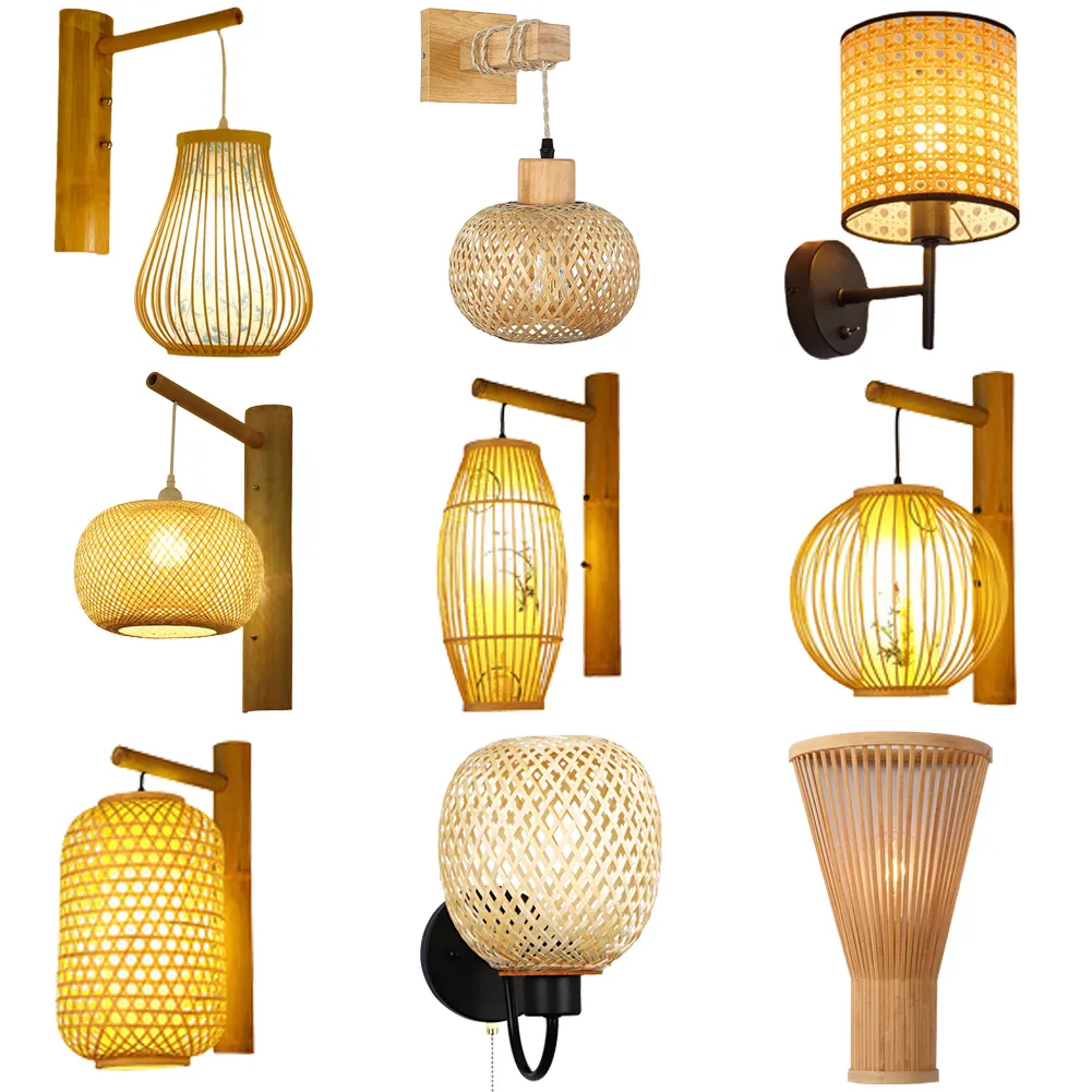 Lampu dinding seni bambu modern alami kreatif Asia tempat lilin dinding rotan anyaman interior restoran hotel lampu kandang burung rotan