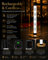 Barrera de Acero para Eventos con Iluminación LED RGBW, Batería Recargable, Ángulo de Haz de 360 Grados, para Entrada VIP con Alfombra Roja