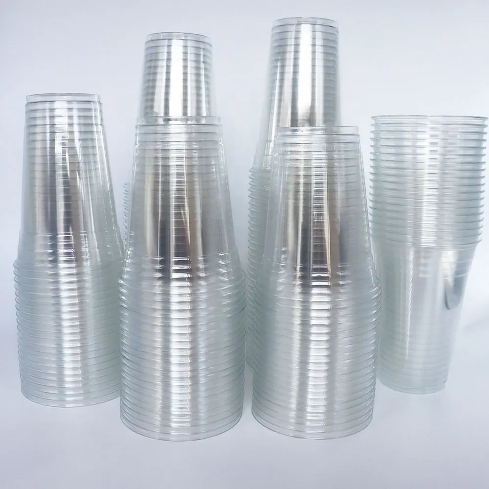 Copos de plástico descartáveis, venda direta de fábrica, com copos sip através de tampas, chá transparente, copos descartáveis de bebida