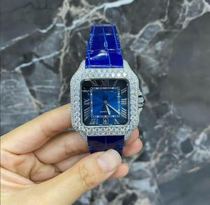Luxury & Fashion Unisex Style Fully Ice Out & Green Leather Banding 20mm Pointer High Quality Automatic <b>Real</b> Moissanite Watch - Product Image 2