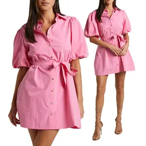 新しい夏の女性カジュアルエレガントなミニドレスショートパフスリーブシャツドレスロゴカスタムコットンボタンアップシャツドレスベルト付き