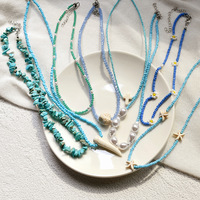 Elegante Collar Bohemio con Colgante de Cadena de Eslabones en Acero Inoxidable Chapado en Oro con Turquesa Azul y Perlas en Forma de Flor, Unisex, Excelente