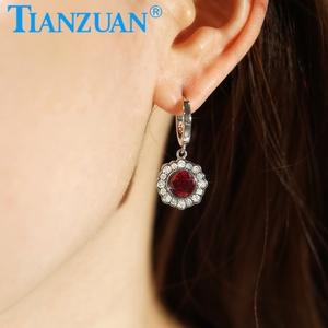 Pendientes <span class=keywords><strong>de</strong></span> Aro Redondos <span class=keywords><strong>de</strong></span> Plata <span class=keywords><strong>de</strong></span> Ley 925 con Rubí Creado en Laboratorio y Moissanita Redonda Lateral, Joyería para Regalo, Uso Diario o Fiestas - Product Image 4
