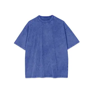 Venta al por mayor azul Vintage Tops algodón cuello redondo manga corta en blanco Unisex de talla grande hombres gota hombro ácido lavado camisetas