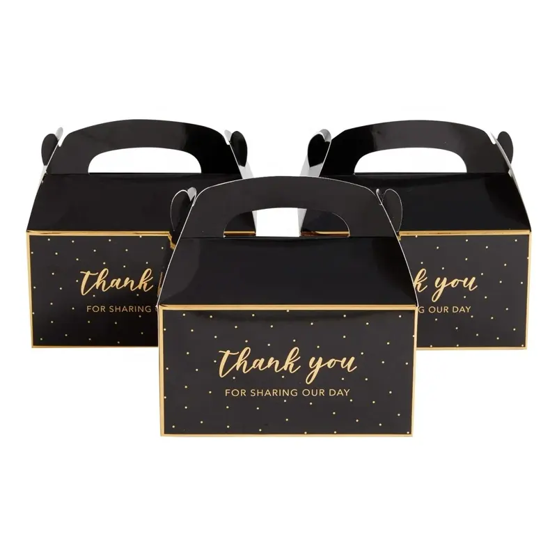 custom 6.3x3.5x3.5 Inch Recyclable Black wedding Birthday Christmas Party Favor Thank You Gift packaging Gable Boxes with handle