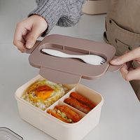 Ensemble de boîtes à lunch coréennes rectangulaires à trois niveaux avec 4 boucles, en plastique PP de qualité alimentaire, pour la conservation de la fraîcheur, avec couverts et cuillères