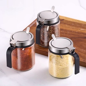 Bouteille à épices en verre moderne et simple, écologique, de 300 ml, avec couvercle à ressort en acier inoxydable, résistante à l'humidité, avec poignée et petite cuillère - Product Image 2
