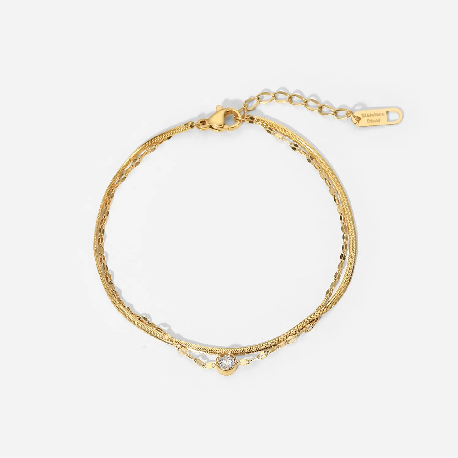 Trendy Metal Gold Jewelry Girlfriend Gift Stainless Steel Round Zircon Layered Bracelets For Women