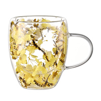 Dubbellaagse gedroogde bloemen glazen koffiemok van hoog borosilicaatglas, modern design, transparant, BPA-vrij