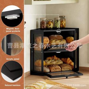 Wooden double-layer bread box, transparent corrugated, <b>kitchen</b> countertop corner toast bread box, double-layer storage - Product Image 2