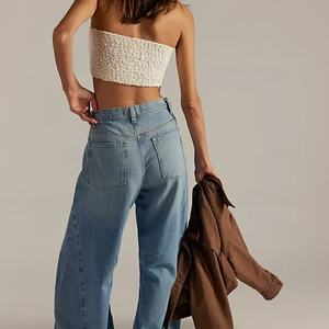 Jeans Rectos de Cintura Alta, Transpirables, Casuales, con Bordado de Dibujos Animados, Lavado Claro - Product Image 2