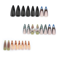 Vente en gros de faux ongles en PMMA de style français, longs, en forme d'amande, à presser, motifs écaille de tortue, strass, papillons, personnalisables, finition brillante/mate