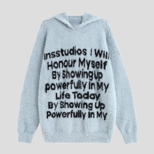 Custom Fuzzy Knit Hooded Sweater Men Oversized Letter Print Faux Mohair Hoodie <b>Pullover</b> Streetwear Knit <b>Jumper</b> - Product Image 4