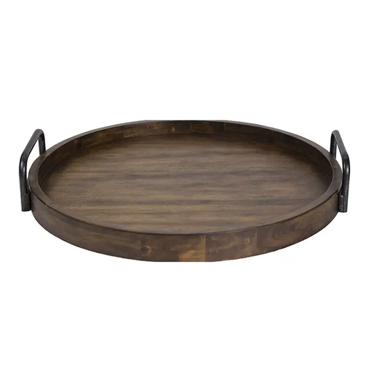 Plateau rond en bois pour usb, poignées en fer, décoratifs, rustiques, classiques, marron foncé