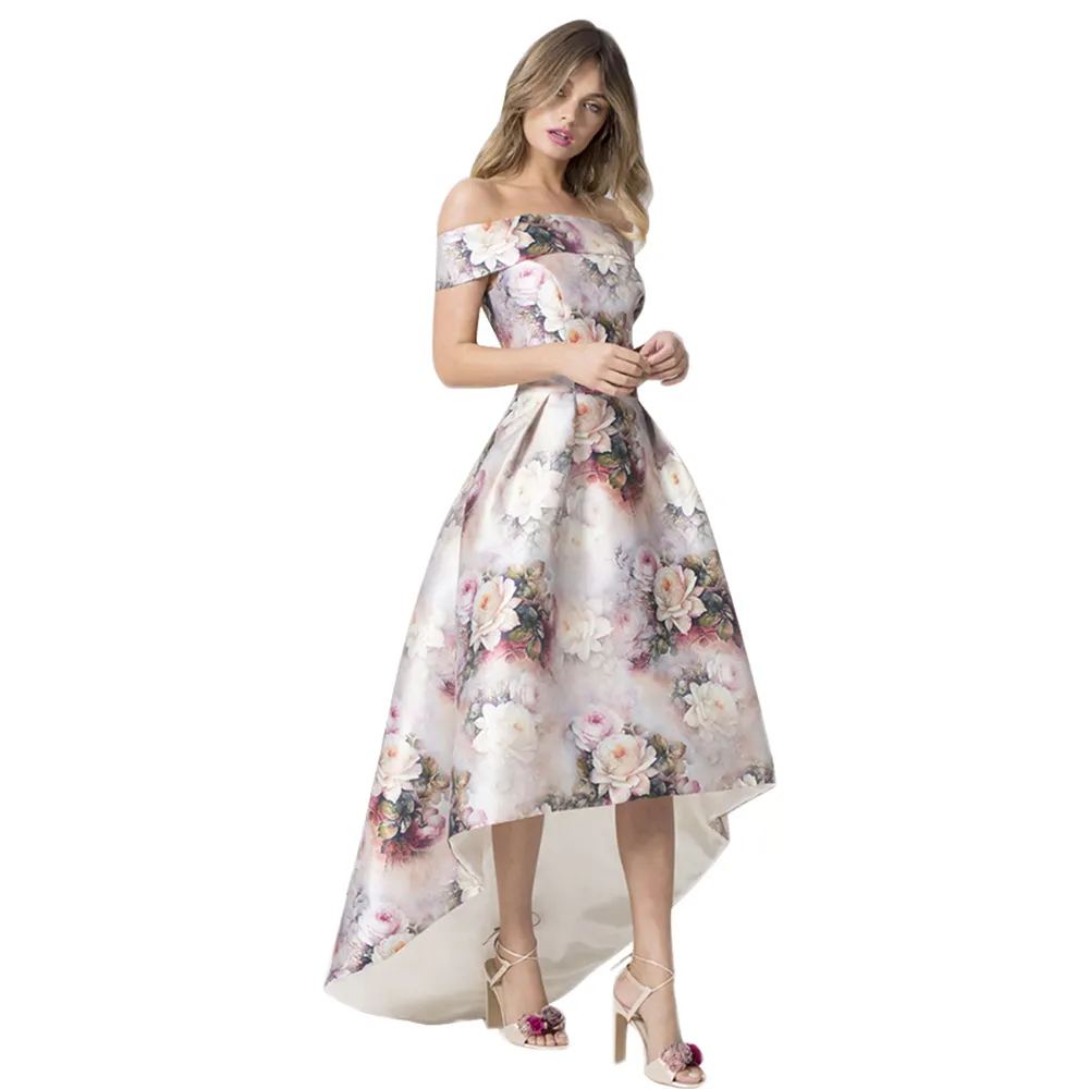 Women Bodice High Low Party Gown Off Shoulder Floral Prom Dress Evening