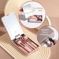 BS-MALL Miroir de Maquillage de Voyage, Ensemble de 14 Pinceaux de Maquillage Roses, Logo Personnalisé, Pinceaux de Maquillage Cosmétiques Doux et Vegan avec Étui Miroir LED