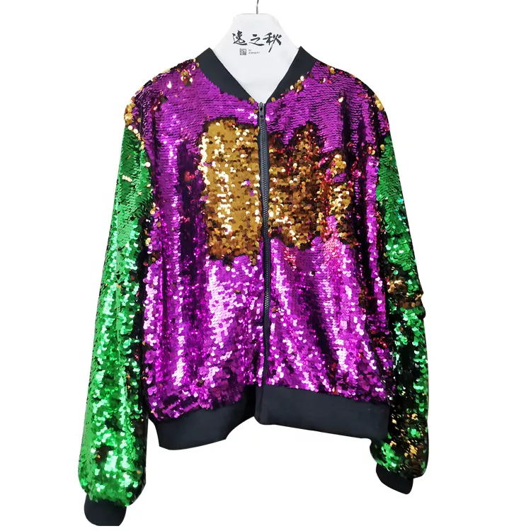 YIZHIQIU mardi gras clothes green gold purple reversible full customize sequin bomber jackets