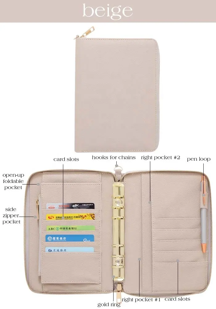 Benutzer definierte Litchi PU Leder A6 6 Gold Ring Binder Brieftasche mit Reiß verschluss Umschläge, Büroklammern, Fliegen blatt & Papiere in lagen erhältlich