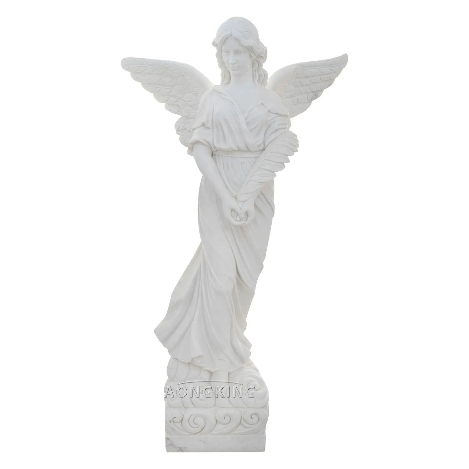 Anjo de tamanho de vida com asas de mármore branco, estátua de anjo de mármore