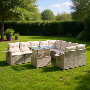 Ensemble de canapés de jardin en rotin beige avec structure en acier et verre trempé, mobilier d'extérieur pour usage en jardin - Product Image 2
