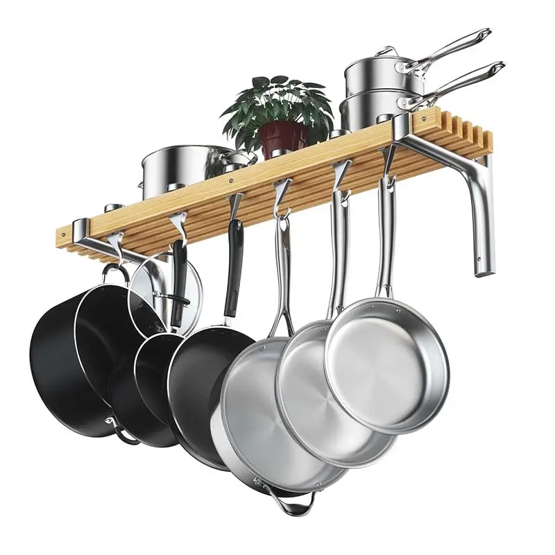 Wall Mount Wooden Kitchen Hanging Storage Pot And Pan Rack Cooks Standard Wall Mounted Wooden Pot Rack