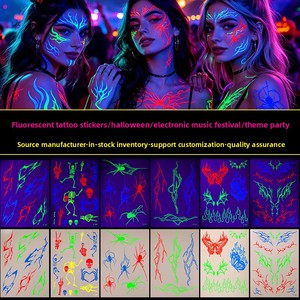 Autocollants de <span class=keywords><strong>tatouage</strong></span> fluorescents imperméables, motif araignée, crâne, épines, pour le corps et le visage, autocollants temporaires pour festivals EDM, Halloween - Product Image 3