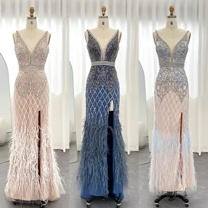 Jancember Luxury White Feathers Mermaid Blue Evening Dress For Women Wedding Party Sexy Side Slit Pink Prom Dresses Scz145