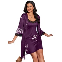 P613 Vente en gros Ensemble 2 pièces pour femme en soie de lait, comprenant une robe de chambre et une chemise de nuit, vêtements d'intérieur imprimés à bretelles spaghetti, ensemble de pyjama