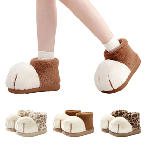 Women Cute Cat Paw Plush <strong>Slippers</strong> High Ankle Cotton <strong>Boots</strong> Leopard Print Fluffy Home Footwear <strong>With</strong> Anti Slip EVA Outsole - Product Image 1