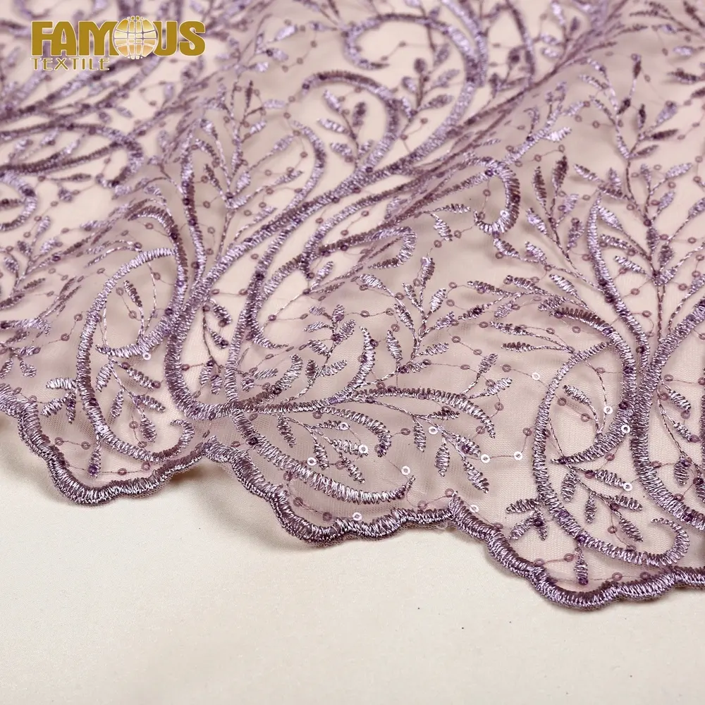 Wholesale Luxury Product Purple Extraordinary French Lace Fabric with Crystal Sequins for Woman Dress