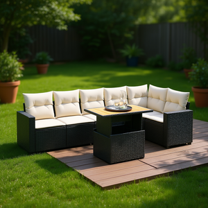 Cream White And <b>Black</b> Rattan Garden <b>Sofa</b> Set With <b>Table</b> 6 Seater Outdoor Furniture Contemporary Design - Product Image 2