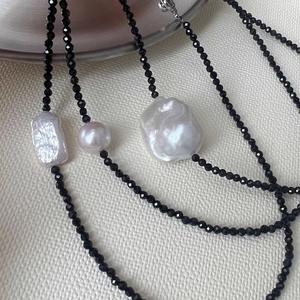 Collier polyvalent bohème en perles d'eau douce naturelles, grande perle Roc noire, chaîne de clavicule en cristal pointu, style décontracté et original pour femme - Product Image 2