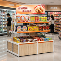 Ensemble combiné comptoir îlot en maille métallique, table de présentation en grille métallique avec étagères réglables, armoire à base en bois pour magasin d'alimentation