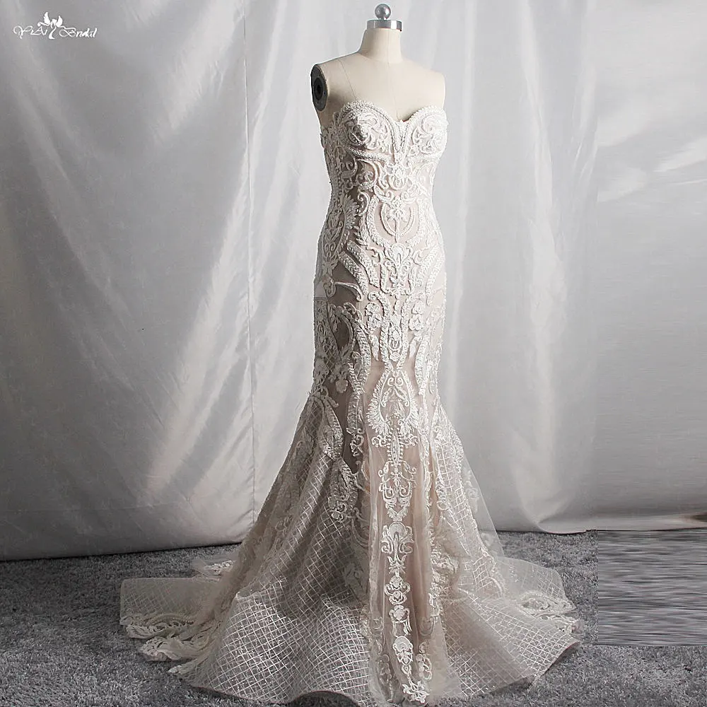 RSW1737 Elegant Blush Lining Ivory Lace Bridal Dresses Women Wedding Mermaid
